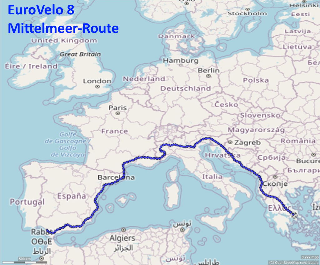 EuroVelo 8 Karte Mittelmeer-Route